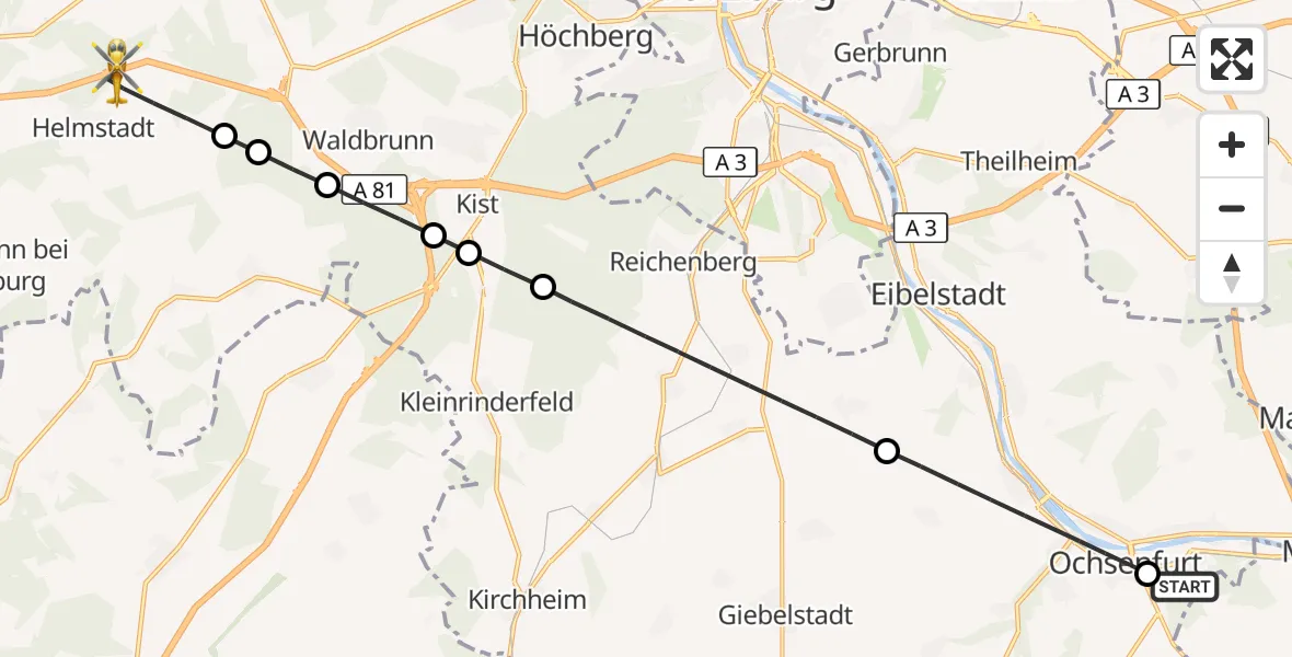 Flugroute Rettungshubschrauber Ochsenfurt Hospital - Helmstadt, 26 September 2026, 12:16