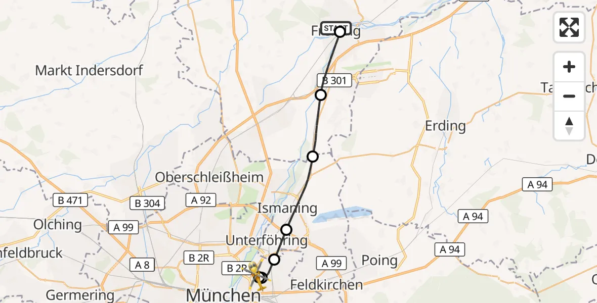 Flugroute Rettungshubschrauber Freising Clinic Hubschrauberlandeplatz - München Bogenhausen Hospital, 26 September 2026, 12:29
