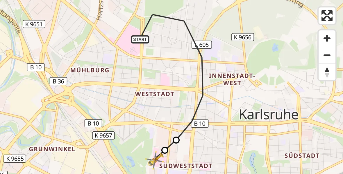 Flugroute Ambulanzhubschrauber Karlsruhe - Sankt Vincentius Hospital, 26 September 2026, 12:32