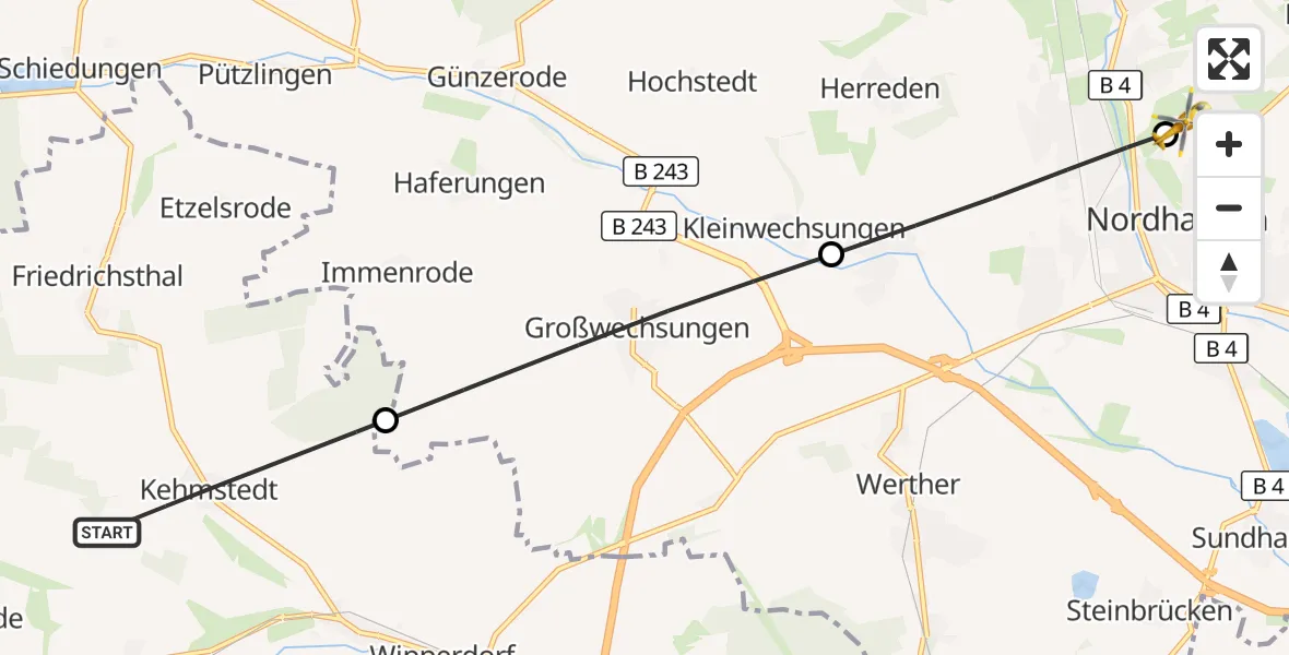Flugroute Rettungshubschrauber Kehmstedt - Südharz Hospital Nordhausen, 26 September 2026, 12:34