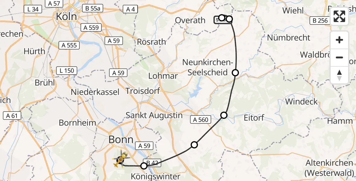 Flugroute Rettungshubschrauber Much - Bonn University Hospital, 26 September 2026, 12:40