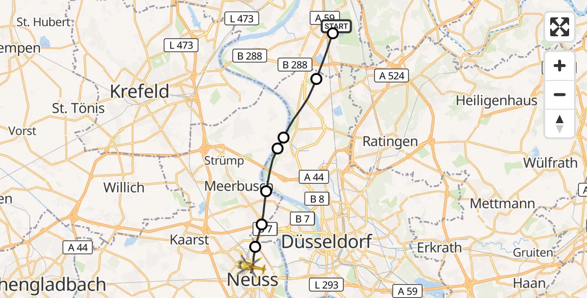 Flugroute Rettungshubschrauber Duisburg Air Rescue Hubschrauberlandeplatz (Christoph 9) - Neuss, 26 September 2026, 12:43