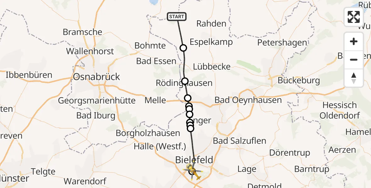 Flugroute Rettungshubschrauber Stemwede - Luftrettungszentrum Bielefeld, 26 September 2026, 12:49