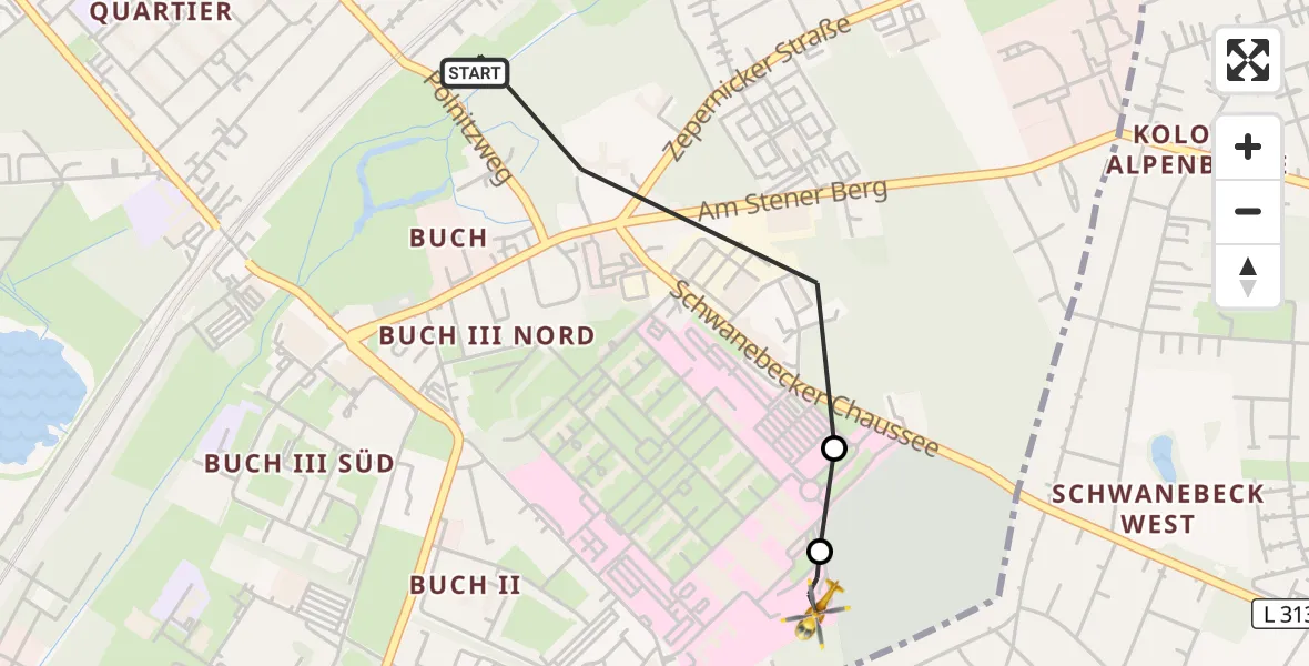 Flugroute Rettungshubschrauber Berlin - Helios Clinic Berlin-Buch, 26 September 2026, 13:00