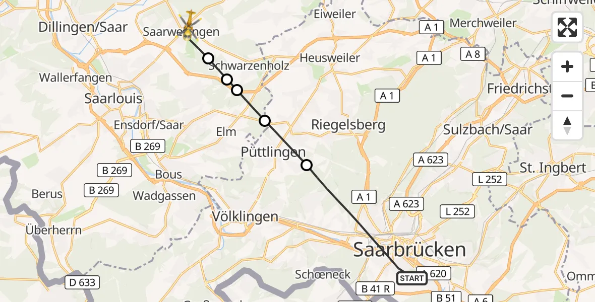 Flugroute Rettungshubschrauber Saarbrücken - Saarwellingen, 26 September 2026, 13:09