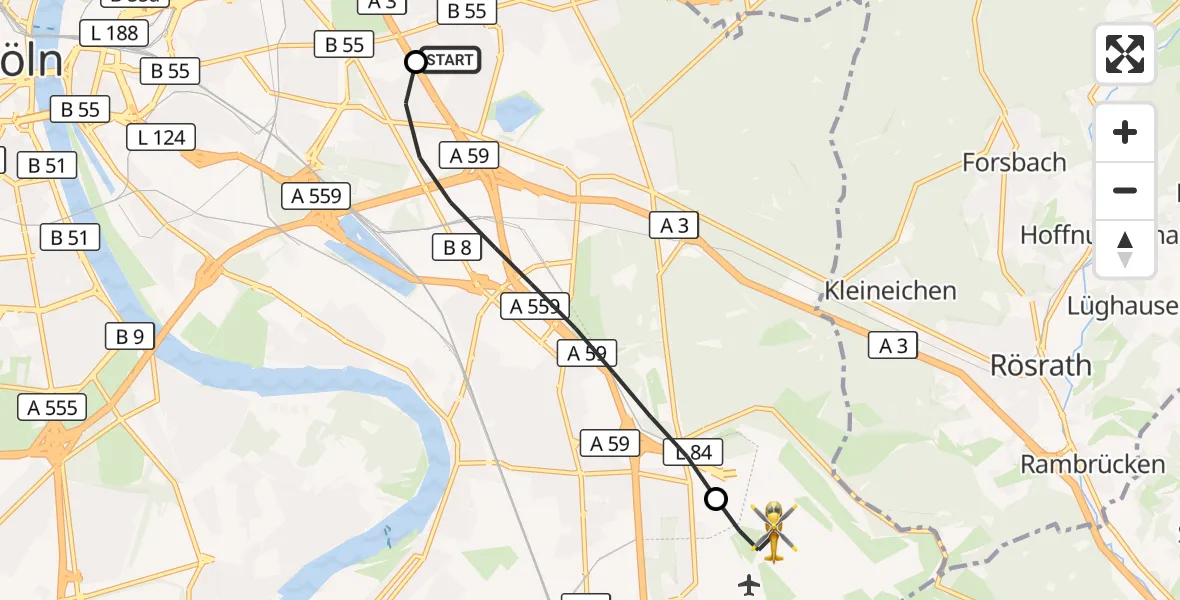 Flugroute Ambulanzhubschrauber Merheim Hospital - Köln Bonn Flughafen, 26 September 2026, 13:09