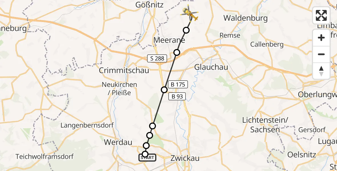Flugroute Rettungshubschrauber ADAC Air Rescue Station Zwickau Hubschrauberlandeplatz - Schönberg, 26 September 2026, 13:23