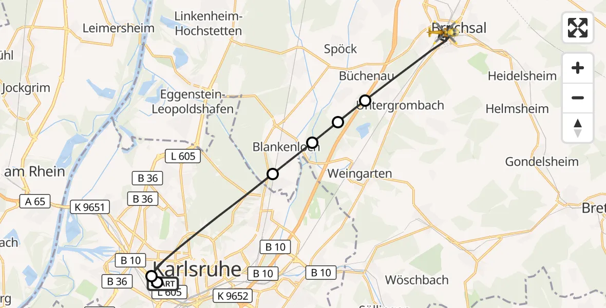 Flugroute Ambulanzhubschrauber Sankt Vincentius Hospital - Bruchsal, 26 September 2026, 13:23