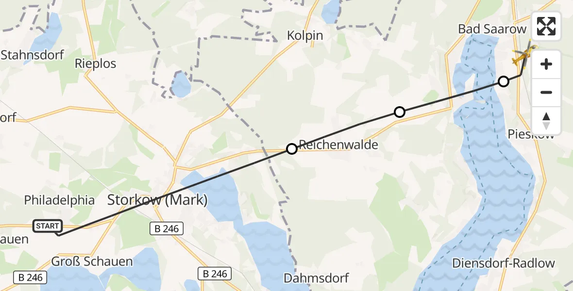 Flugroute Rettungshubschrauber Storkow (Mark) - Bad Saarow, 26 September 2026, 13:24