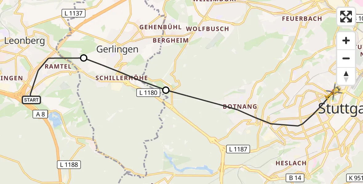 Flugroute Rettungshubschrauber Leonberg - Stuttgart, 26 September 2026, 13:25