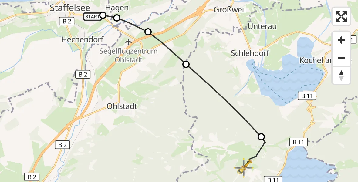 Flugroute Rettungshubschrauber Murnau Accident Hospital - Kochel a.See, 26 September 2026, 13:25