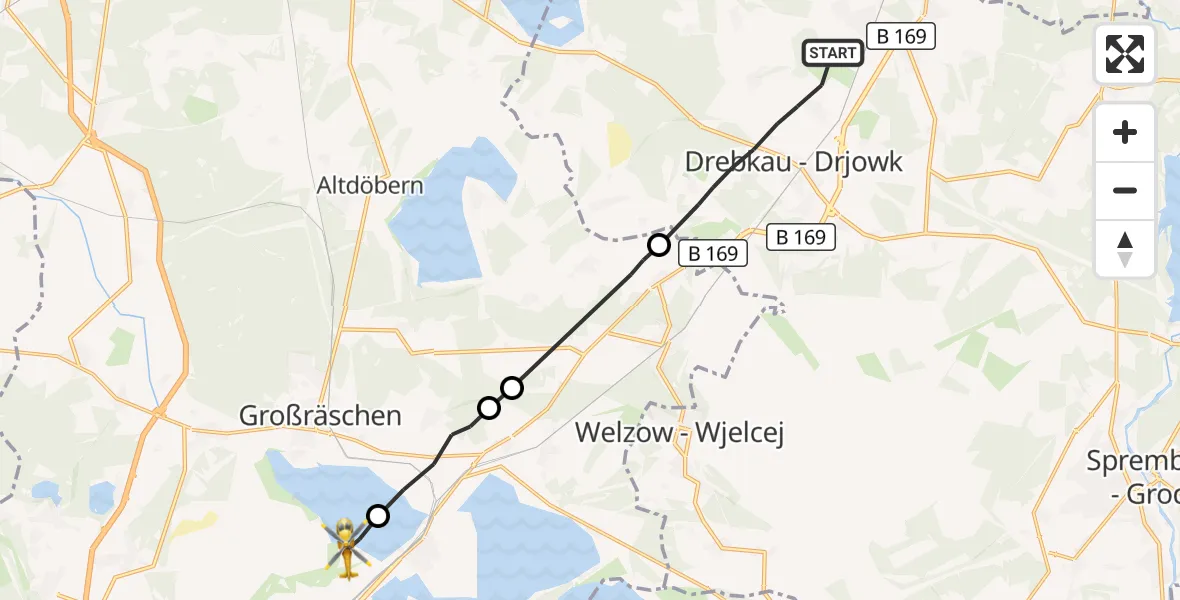 Flugroute Rettungshubschrauber Drebkau - Senftenberg, 26 September 2026, 13:40