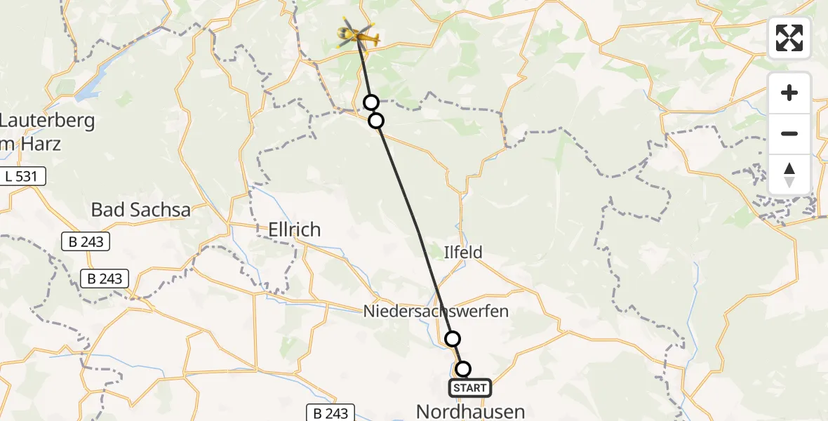 Flugroute Rettungshubschrauber Südharz Hospital Nordhausen - Oberharz am Brocken, 26 September 2026, 13:43