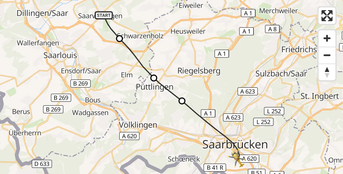 Flugroute Rettungshubschrauber Saarwellingen - Saarbrücken, 26 September 2026, 13:46