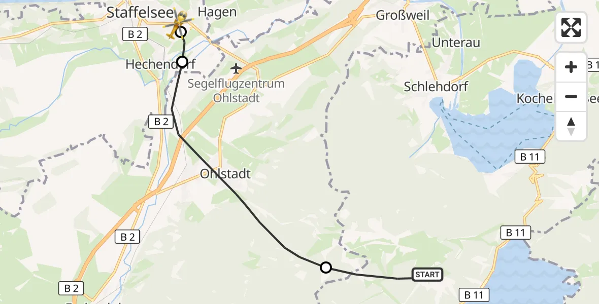 Flugroute Rettungshubschrauber Kochel a.See - Murnau Accident Hospital, 26 September 2026, 13:55