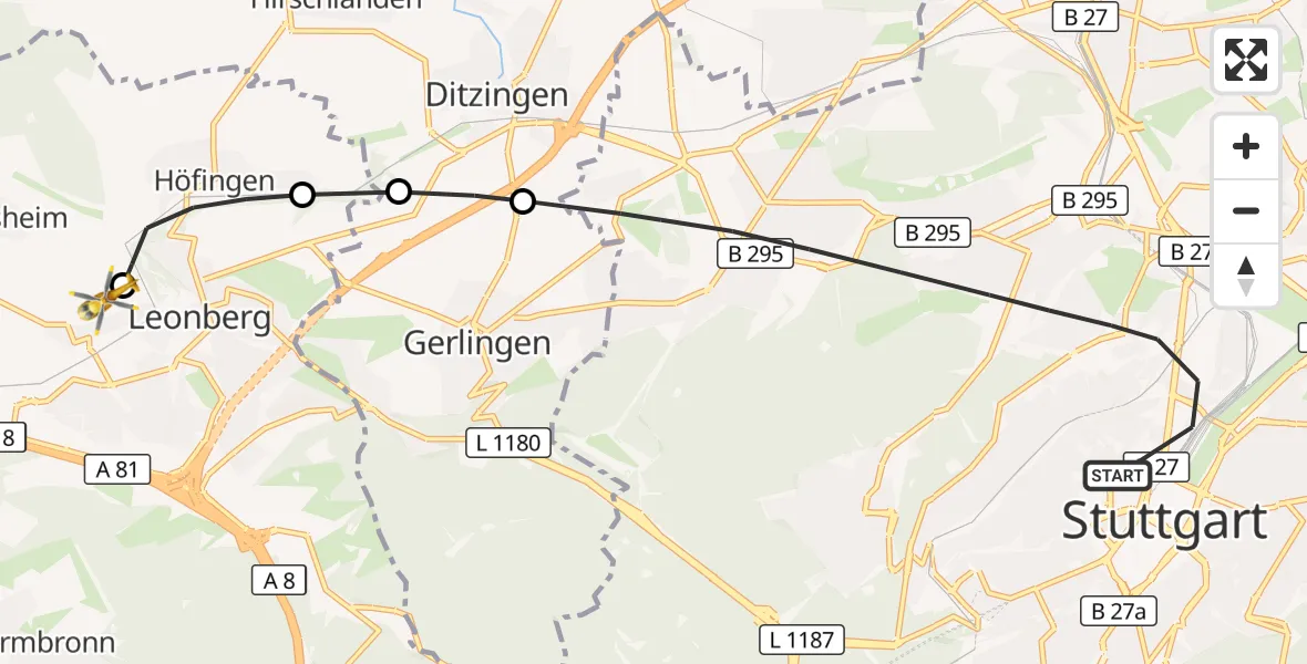 Flugroute Rettungshubschrauber Stuttgart - Leonberg Hospital, 26 September 2026, 14:14