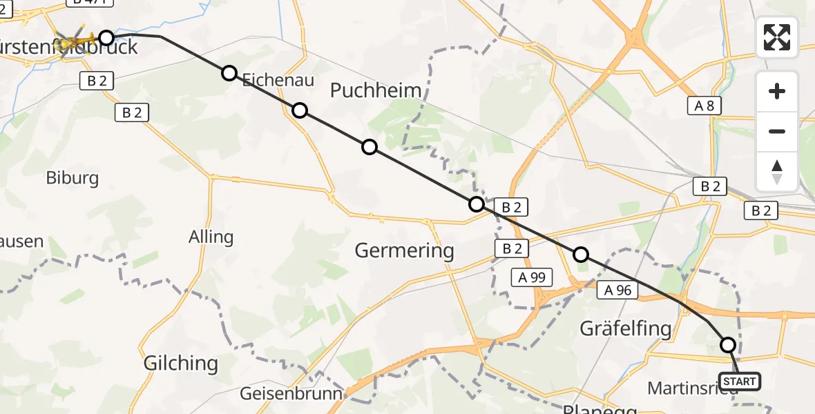 Flugroute Rettungshubschrauber DRF Air Rescue München Hubschrauberlandeplatz - Fürstenfeldbruck, 26 September 2026, 14:14