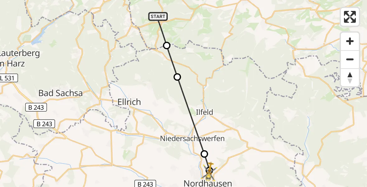 Flugroute Rettungshubschrauber Oberharz am Brocken - Südharz Hospital Nordhausen, 26 September 2026, 14:17