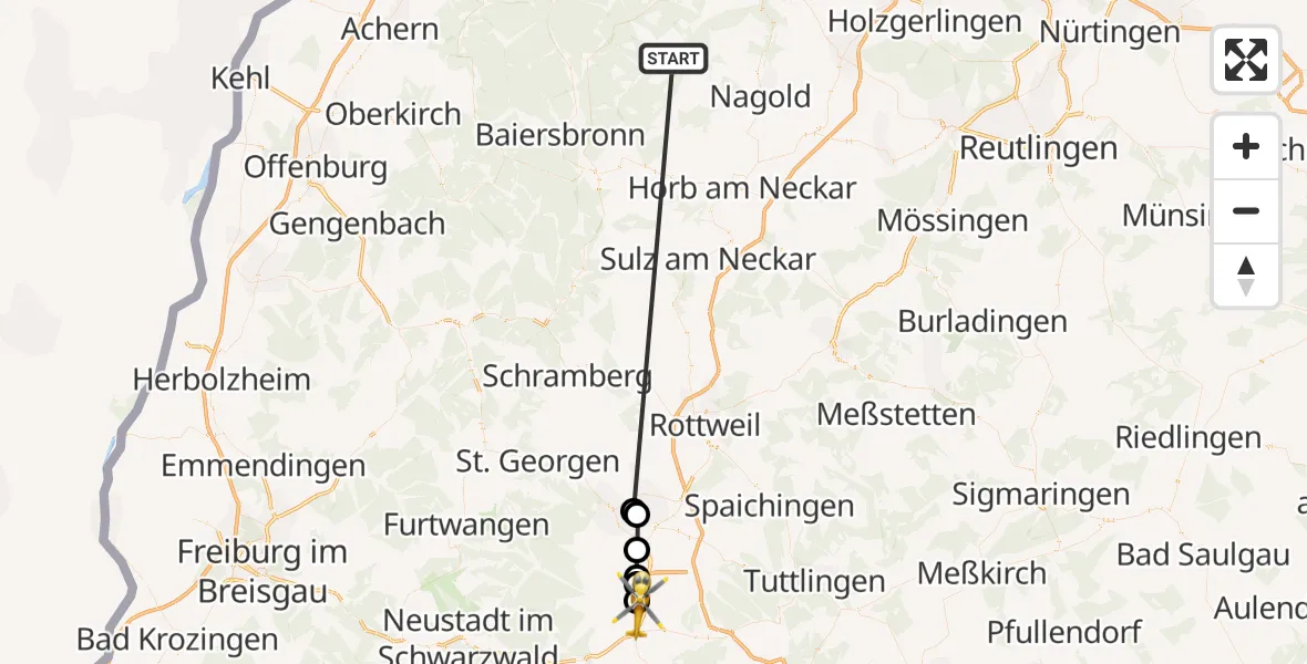 Flugroute Ambulanzhubschrauber Altensteig - Donaueschingen, 26 September 2026, 14:30