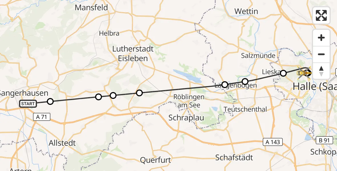 Flugroute Rettungshubschrauber Sangerhausen - Halle (Saale) University Hospital, 26 September 2026, 14:38