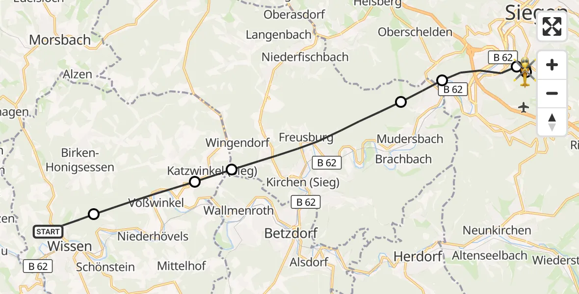 Flugroute Rettungshubschrauber Wissen - Evangelisches Jung-Stilling Hospital, 26 September 2026, 14:45