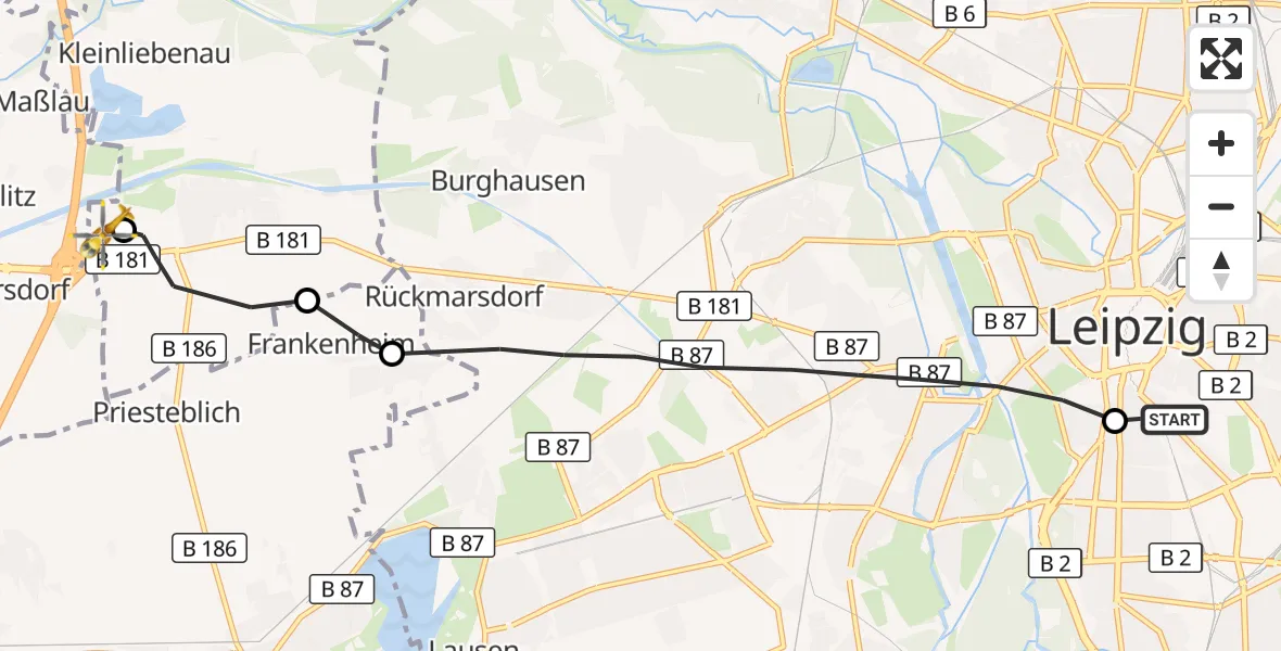 Flugroute Rettungshubschrauber Leipzig University Hospital Heliport 1 - ADAC Air Rescue Station Leipzig/Schkeuditz-Dölzig Hubschrauberlandeplatz (Christoph 61), 26 September 2026, 14:46