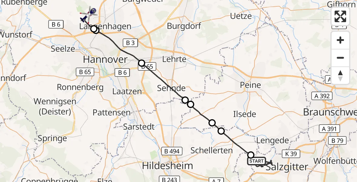 Flugroute Polizeihubschrauber Salzgitter - Flughafen Hannover, 26 September 2026, 14:51