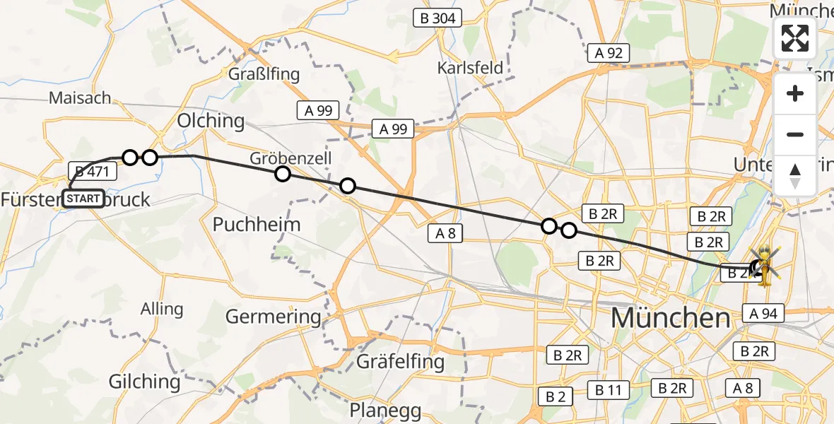 Flugroute Rettungshubschrauber Fürstenfeldbruck - München Bogenhausen Hospital, 26 September 2026, 14:51