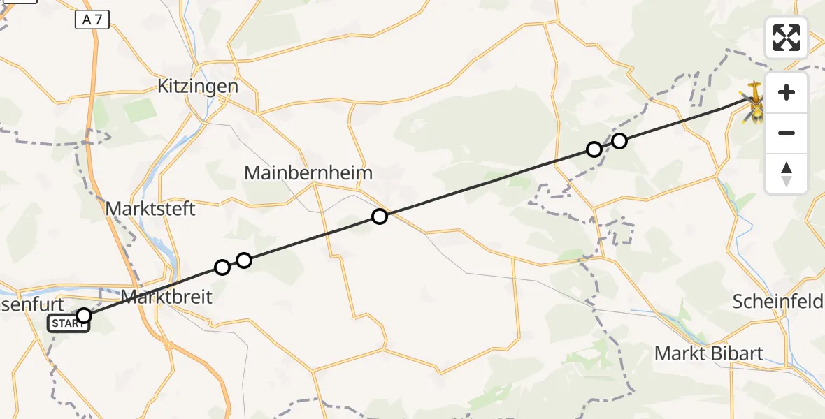 Flugroute Rettungshubschrauber Ochsenfurt Hospital - Oberscheinfeld, 26 September 2026, 15:08