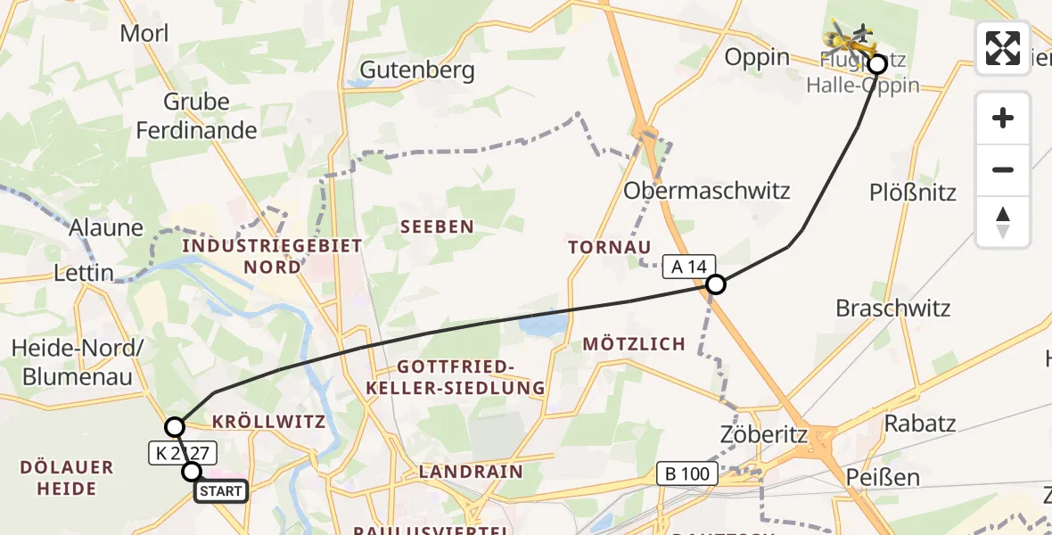 Flugroute Rettungshubschrauber Halle (Saale) University Hospital - Halle-Oppin Flugplatz, 26 September 2026, 15:09