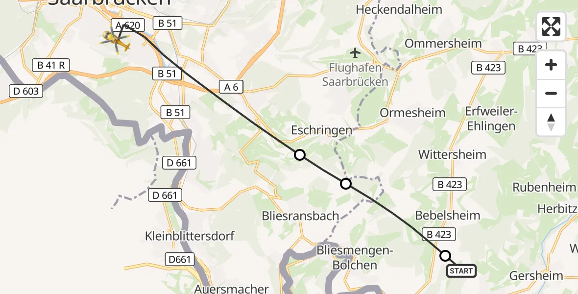 Flugroute Rettungshubschrauber Gersheim - Saarbrücken, 26 September 2026, 15:16