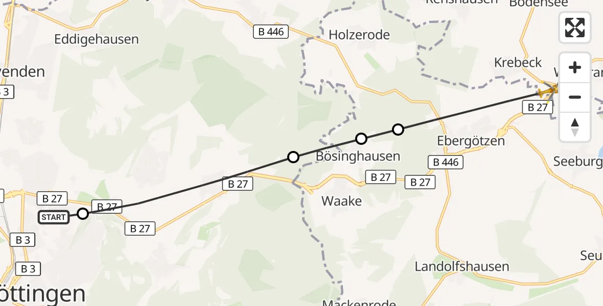 Flugroute Rettungshubschrauber Göttingen University Clinic Hubschrauberlandeplatz - Krebeck, 26 September 2026, 15:34