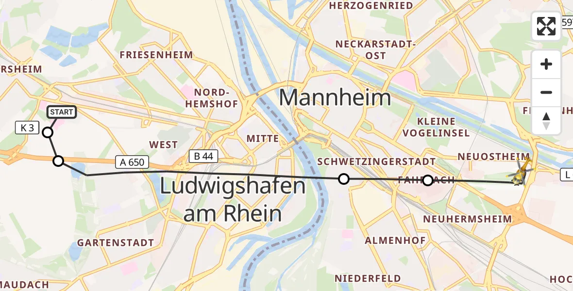 Flugroute Ambulanzhubschrauber Ludwigshafen Accident Hospital - Mannheim-City Flughafen, 26 September 2026, 15:40
