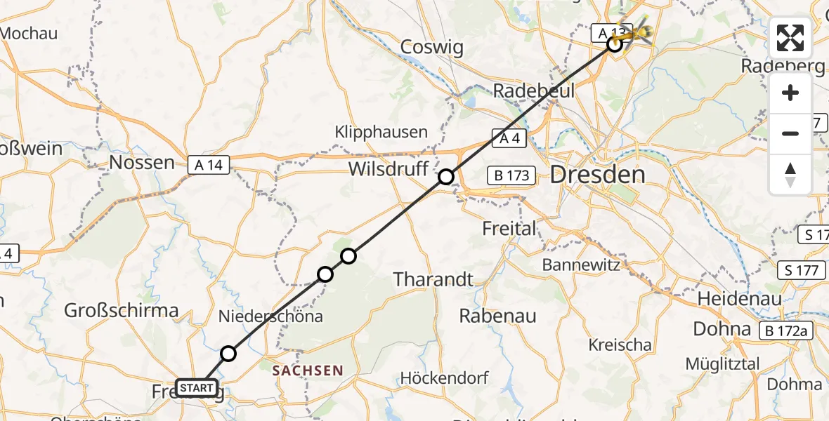 Flugroute Rettungshubschrauber Freiberg - Dresden Bundespolizei Hubschrauberlandeplatz, 26 September 2026, 15:41