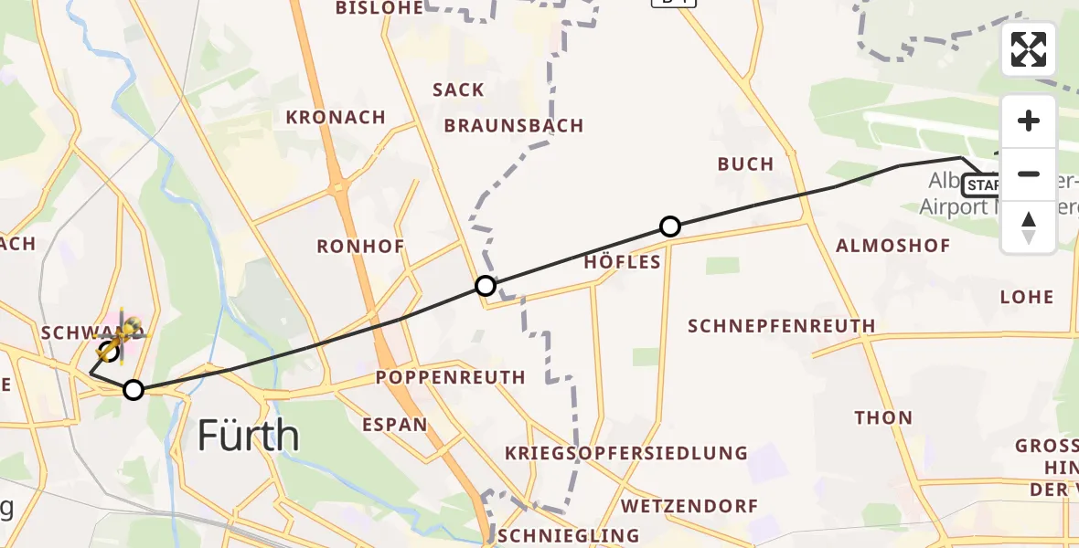 Flugroute Ambulanzhubschrauber Flughafen Nuremberg - Fürth Hospital, 26 September 2026, 15:49