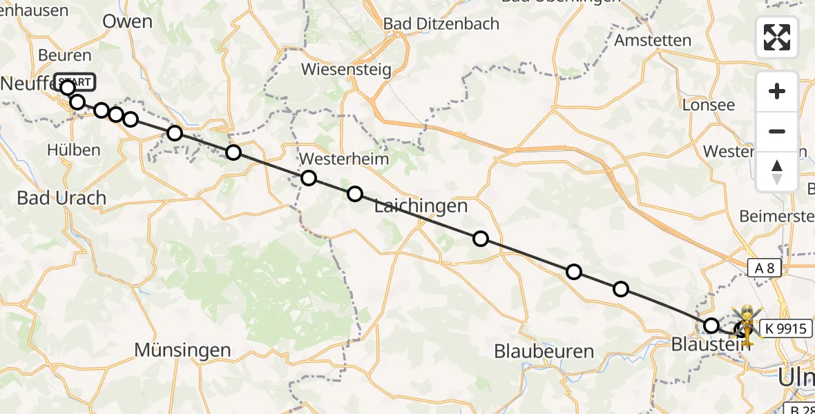 Flugroute Rettungshubschrauber Erkenbrechtsweiler - Ulm Military Hospital Emergency, 26 September 2026, 16:04