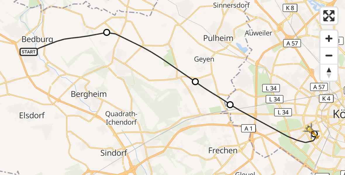 Flugroute Rettungshubschrauber Bedburg - Köln University Hospital, 26 September 2026, 16:11