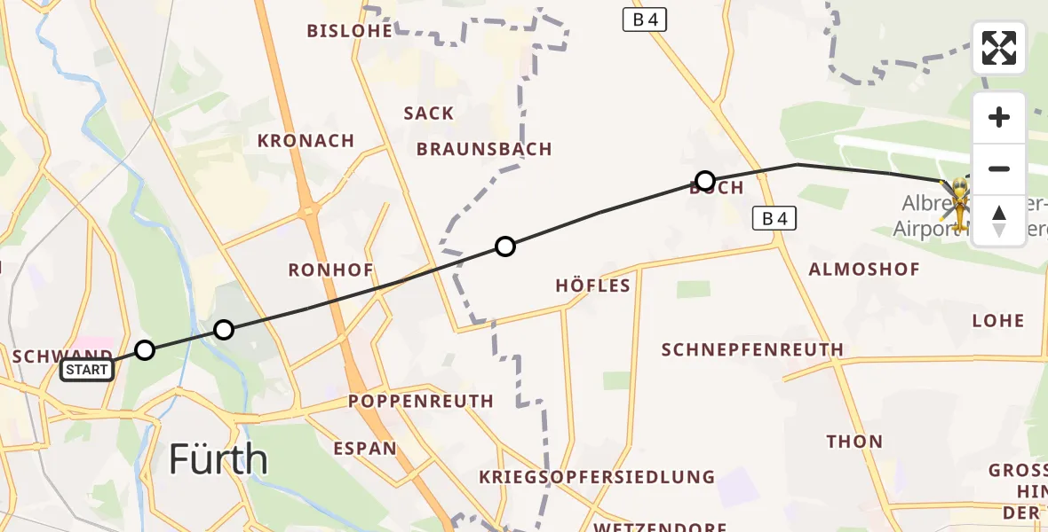 Flugroute Ambulanzhubschrauber Fürth Hospital - Flughafen Nuremberg, 26 September 2026, 16:13