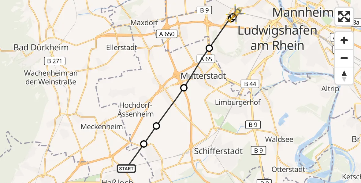 Flugroute Rettungshubschrauber Haßloch - Ludwigshafen Accident Hospital, 26 September 2026, 16:13