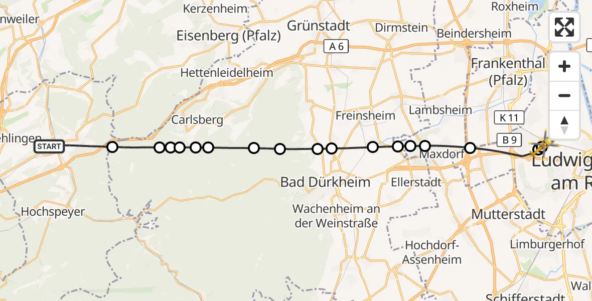 Flugroute Rettungshubschrauber Enkenbach-Alsenborn - Ludwigshafen Accident Hospital, 26 September 2026, 16:16