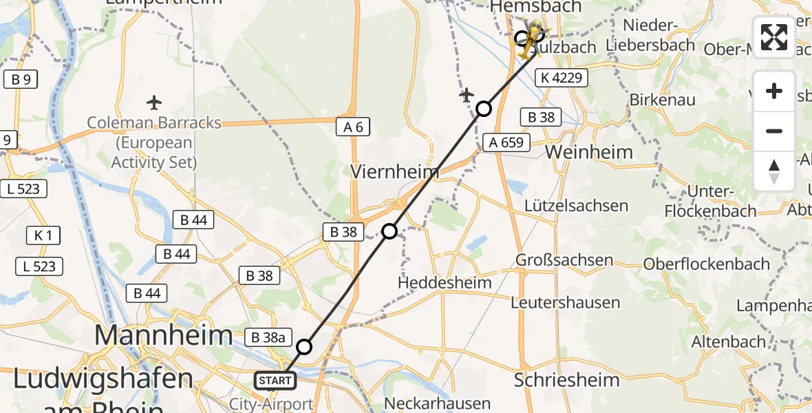 Flugroute Ambulanzhubschrauber Mannheim-City Flughafen - Weinheim, 26 September 2026, 16:21