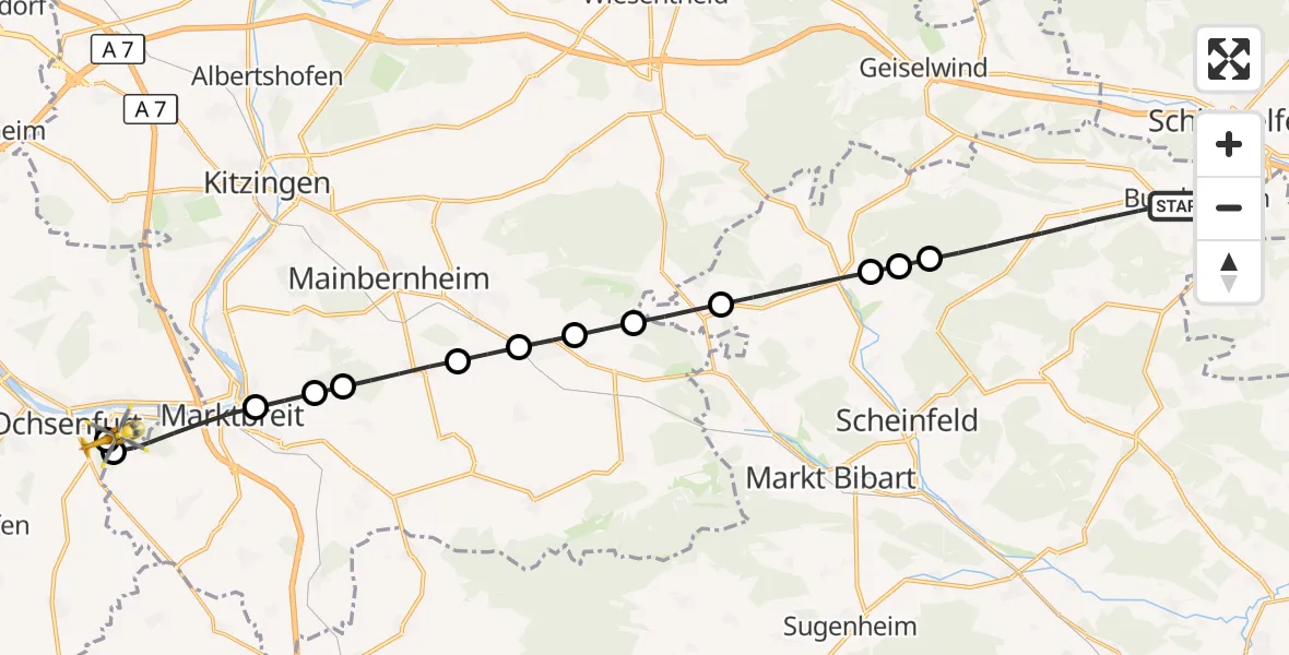 Flugroute Rettungshubschrauber Burghaslach - Ochsenfurt Hospital, 26 September 2026, 16:26