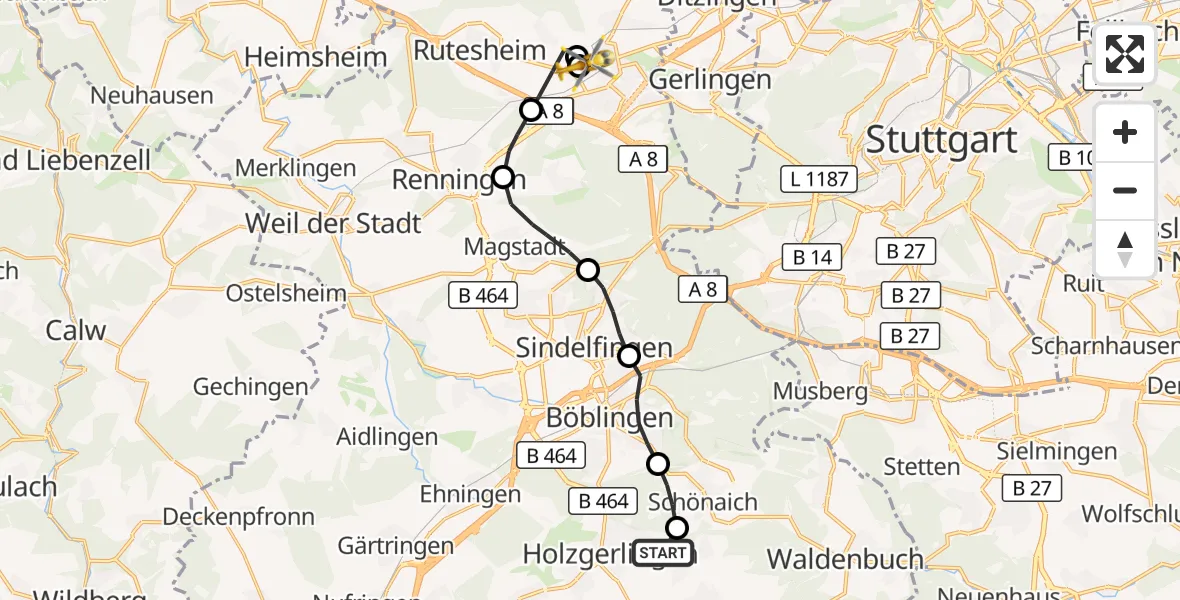 Flugroute Rettungshubschrauber Holzgerlingen - Leonberg Hospital, 26 September 2026, 16:29