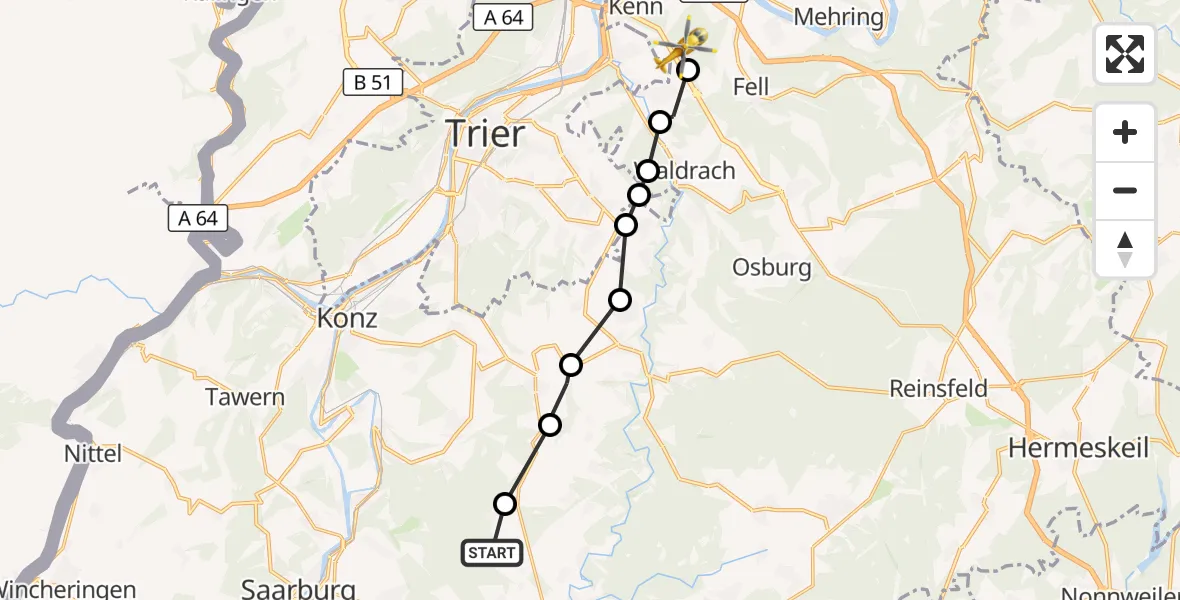 Flugroute Rettungshubschrauber Wiltingen - Longuich, 26 September 2026, 16:32