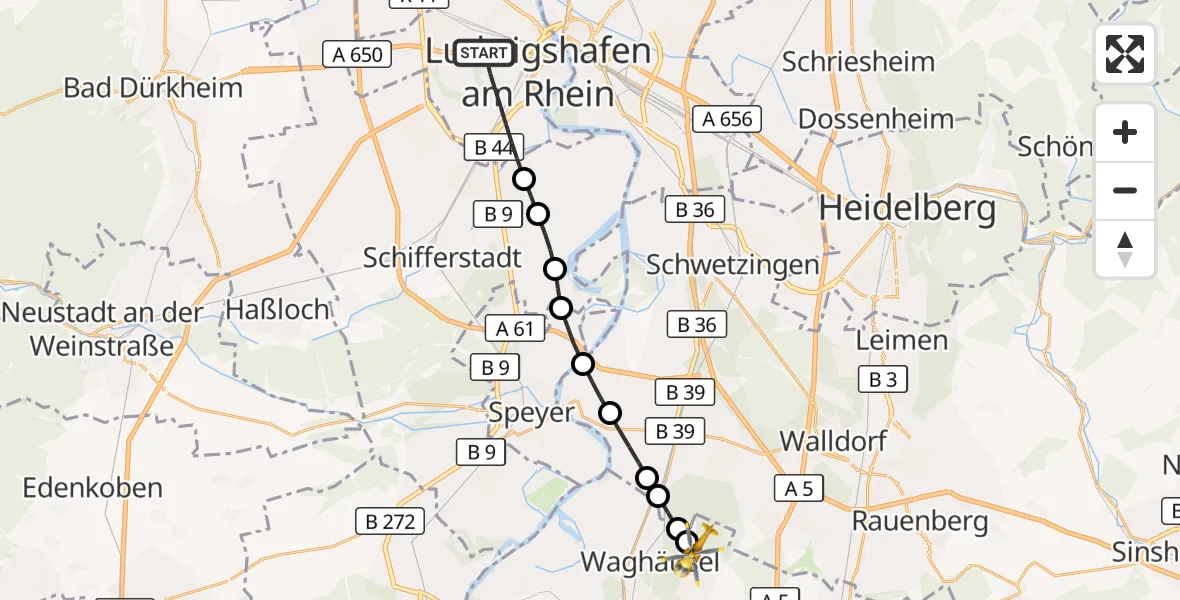 Flugroute Rettungshubschrauber Ludwigshafen am Rhein - Waghäusel, 26 September 2026, 16:46