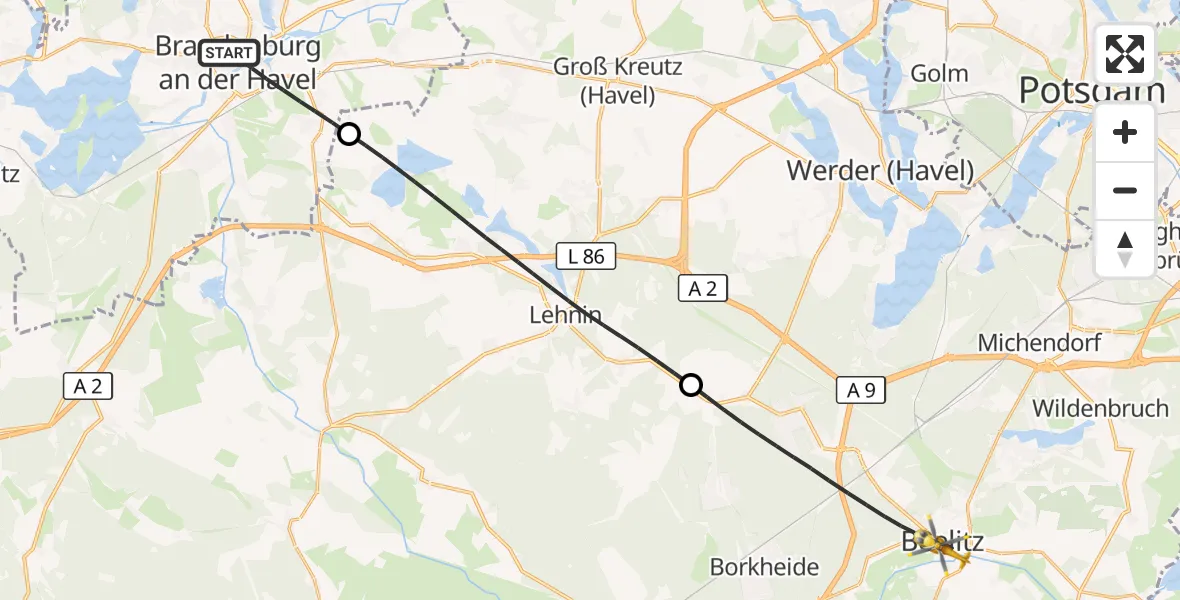 Flugroute Rettungshubschrauber Brandenburg an der Havel - Beelitz, 26 September 2026, 16:48