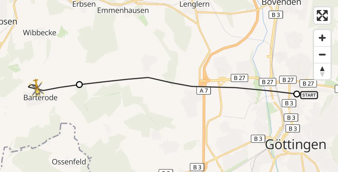 Flugroute Rettungshubschrauber Göttingen University Clinic Hubschrauberlandeplatz - Adelebsen, 26 September 2026, 17:12