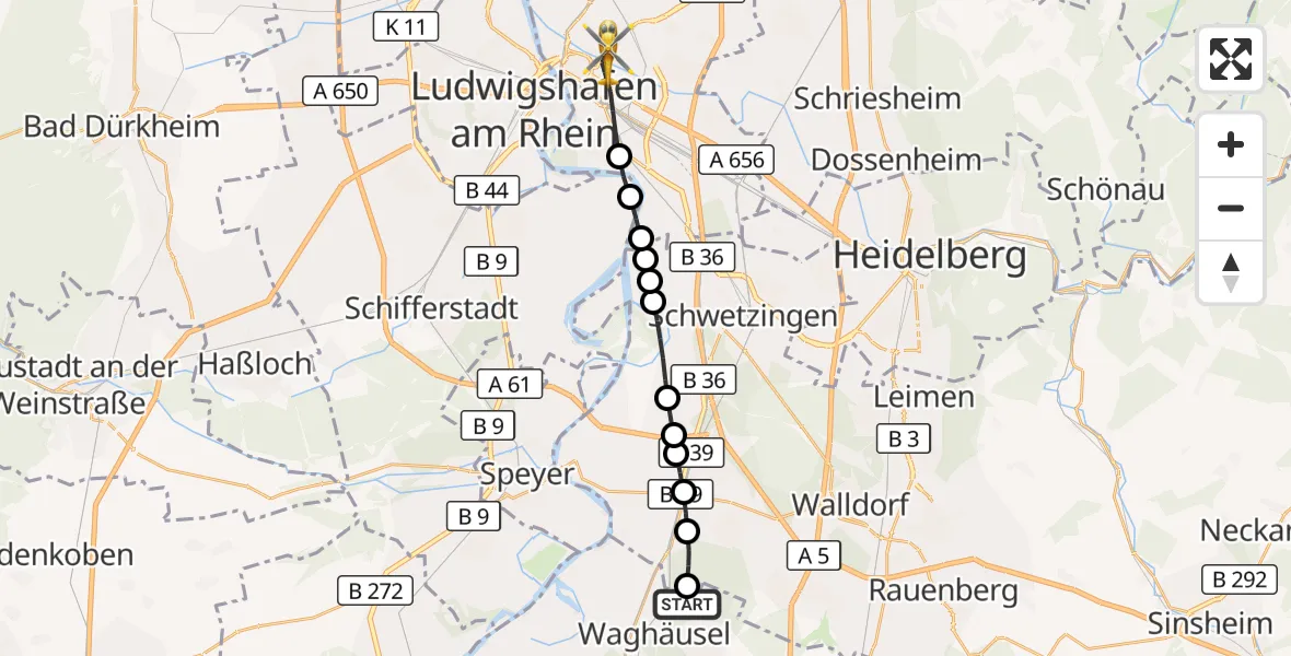 Flugroute Rettungshubschrauber Oberhausen-Rheinhausen - Mannheim, 26 September 2026, 17:17
