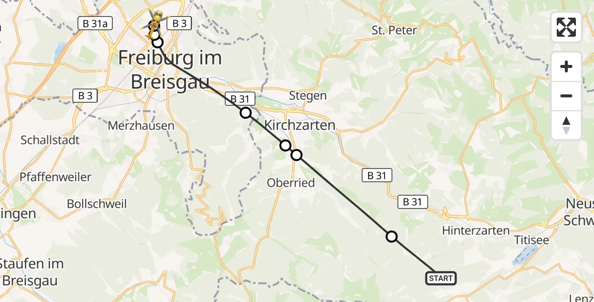 Flugroute Ambulanzhubschrauber Hinterzarten - Freiburg im Breisgau Flugplatz, 26 September 2026, 17:30