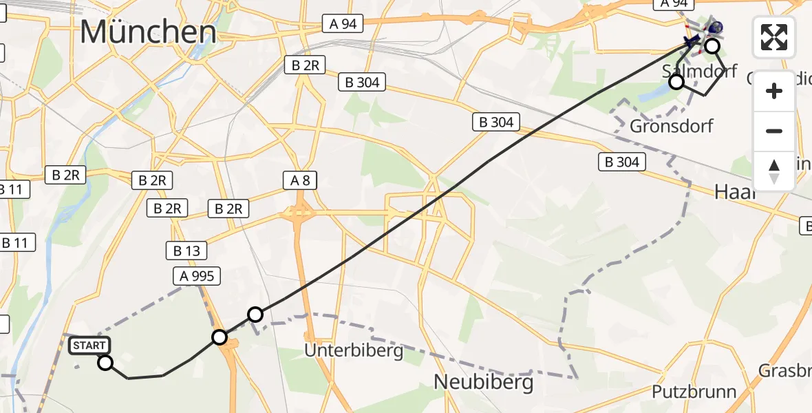 Flugroute Polizeihubschrauber ADAC Air Rescue Center Hubschrauberlandeplatz (Christoph 1) - München, 26 September 2026, 17:40